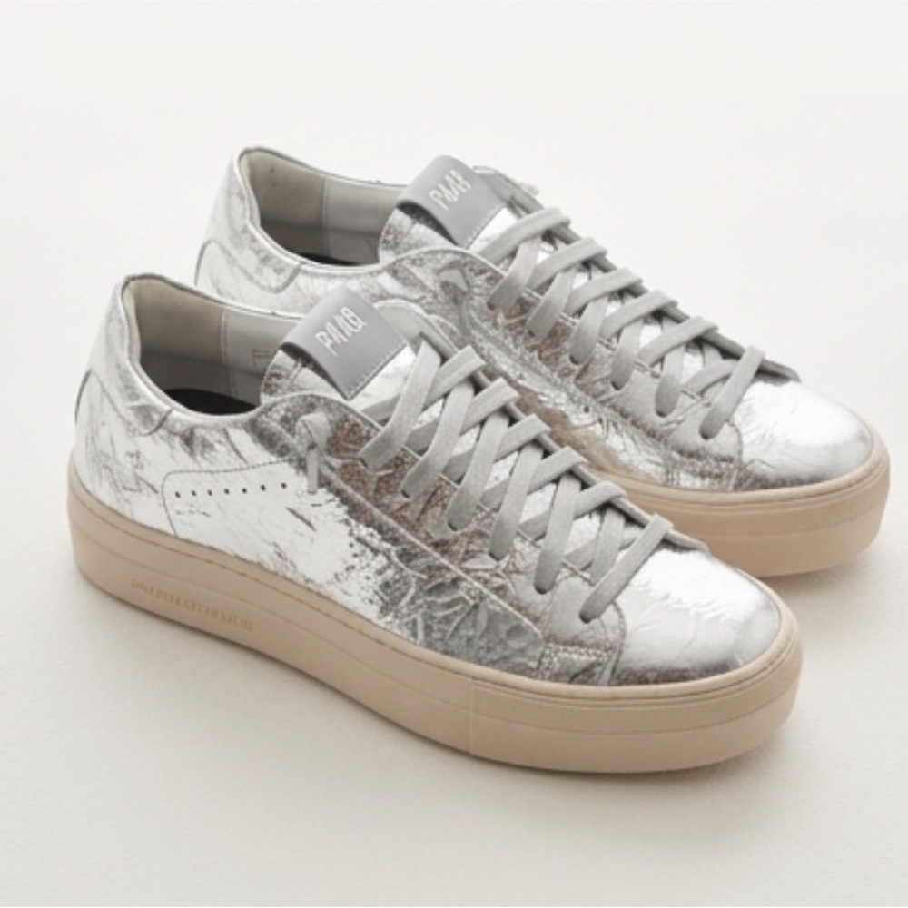 P448 Metallic Silver Low-Top Sneakers with Beige Platform SoleNEW WITH BOX & BAG